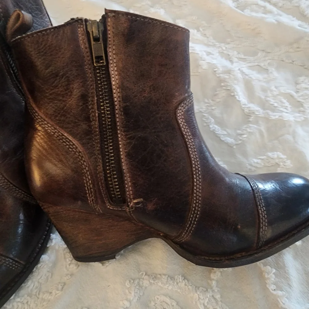 Bed Stu Brown Leather Gentry Wedge Ankle Booties